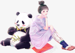 熊猫吃竹子卡通女孩素材