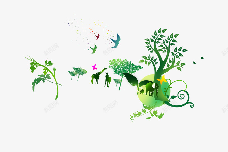 原始森林树木动物绘图png免抠素材_新图网 https://ixintu.com 动物 森林 绘图 绿色