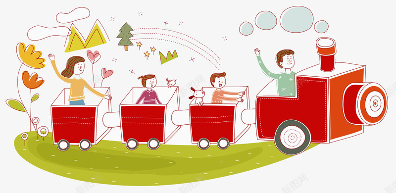 孩子跟着父母在火车上玩耍png免抠素材_新图网 https://ixintu.com 传统 创意 卡通 家庭 幸福 手绘 树木 红色的火车 花朵