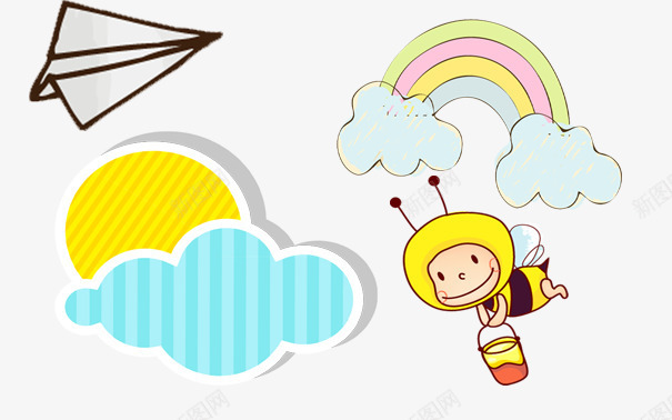 采蜜的蜜蜂png免抠素材_新图网 https://ixintu.com 太阳 小蜜蜂 彩虹 纸飞机 采蜜 黄色