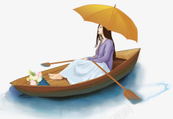 女孩划船手绘装饰插图谷雨节气插画雨中划高清图片