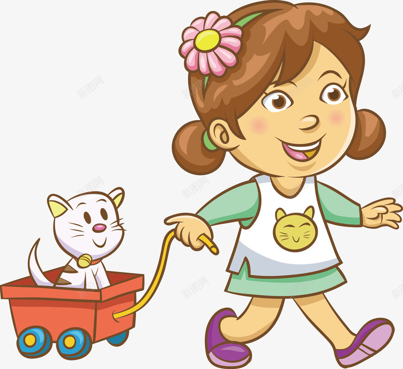 拉着小车的小女孩png免抠素材_新图网 https://ixintu.com 卡通人物 卡通宠物 小猫咪 红色拉车
