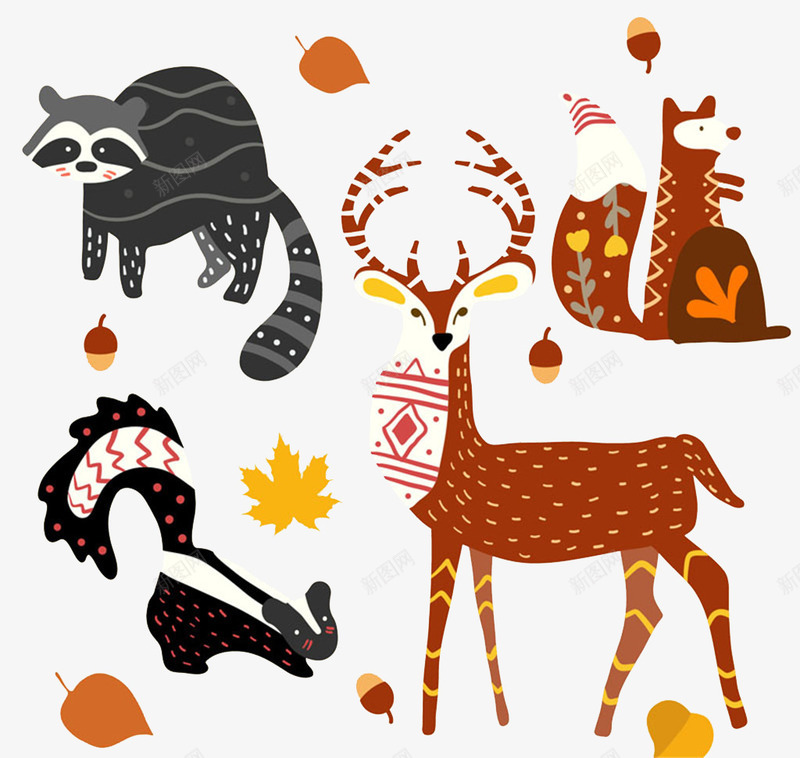 秋季森林动物png免抠素材_新图网 https://ixintu.com 动物 卡通动物 狐狸 麋鹿
