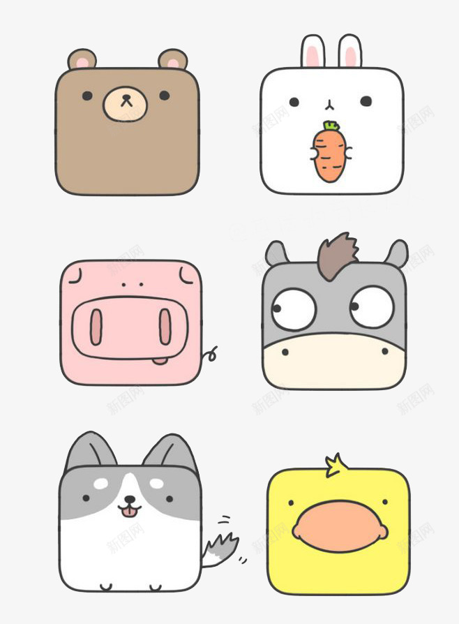 卡通动物png免抠素材_新图网 https://ixintu.com 兔子 动物 卡通 可爱 手绘 正方形 水彩 猪 装饰