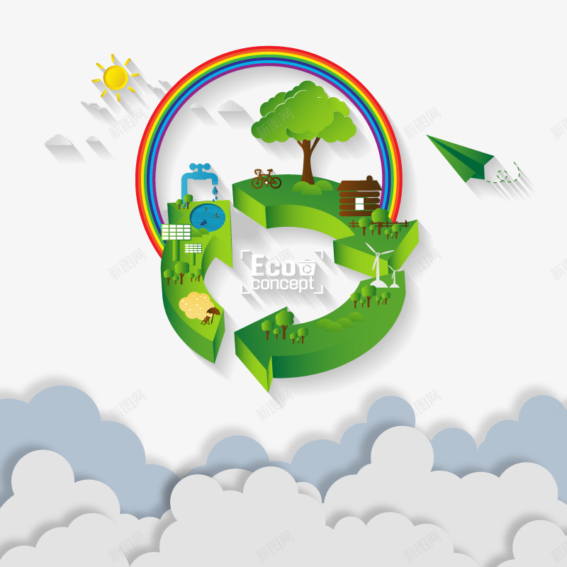 绿色环保创意图png免抠素材_新图网 https://ixintu.com 彩虹 循环符号 纸飞机 绿树