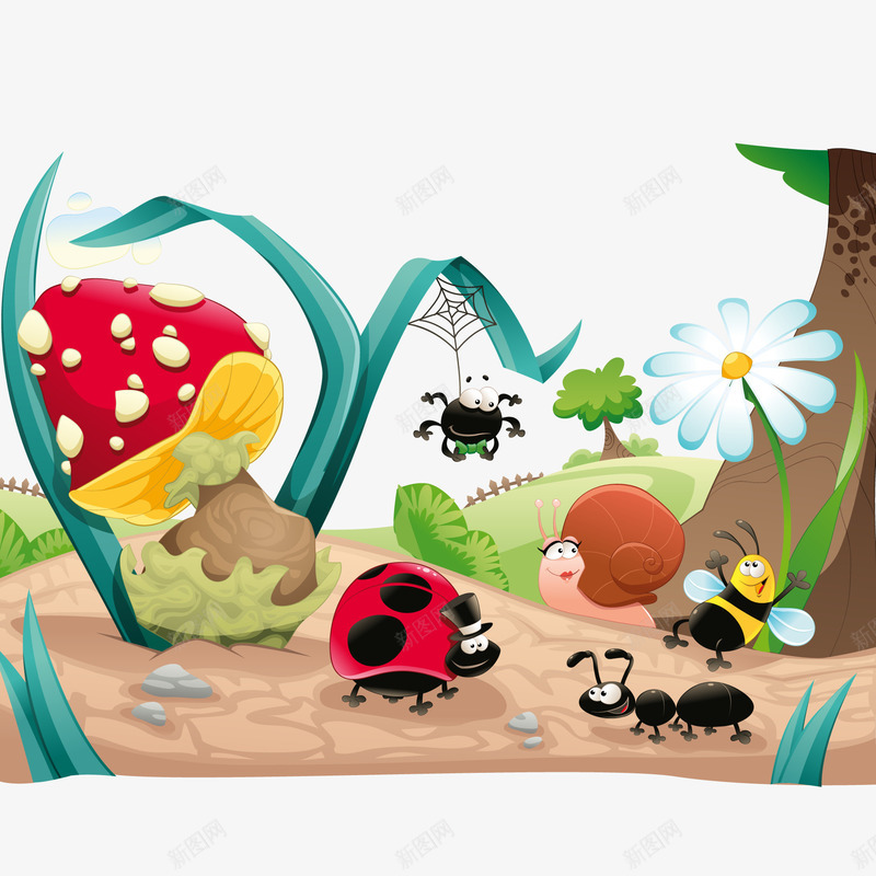 卡通森林里的插画矢量图ai免抠素材_新图网 https://ixintu.com 卡通 插画设计 昆虫设计 森林 植物设计 蘑菇 矢量图