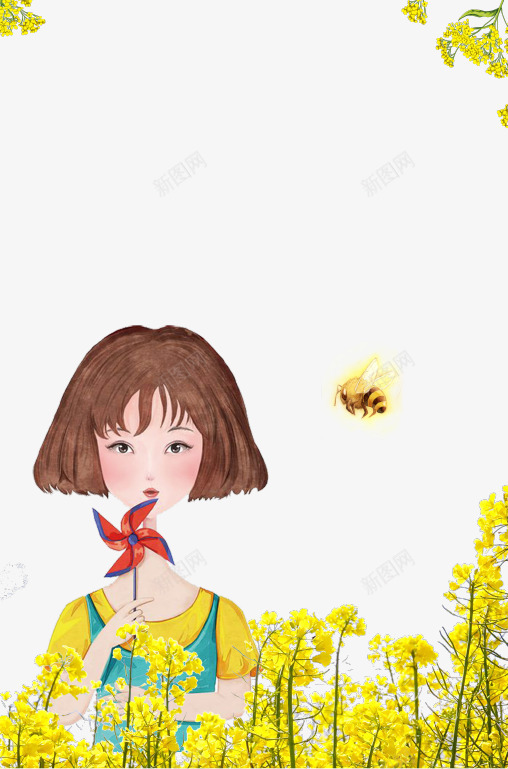 手绘唯美春季踏青油菜花少女插画psd免抠素材_新图网 https://ixintu.com 人物背景 唯美 少女 手绘 春季踏青 春游 油菜花 赏花