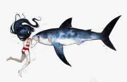 水彩鲨鱼女孩和鱼高清图片