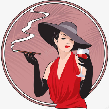 卡通性感名媛喝红酒抽烟的美女插图标图标