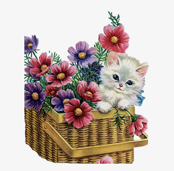 花蓝里的小猫png免抠素材_新图网 https://ixintu.com 手绘小猫 手绘竹篮 手绘花朵 花朵与小猫