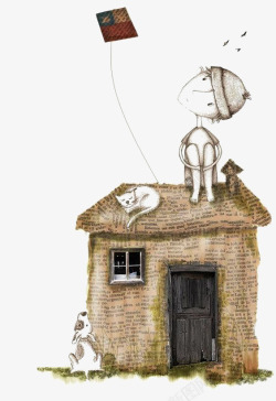 卡通房子前的小孩房子上放风筝高清图片