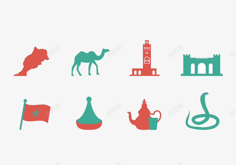 卡通异国景点图标psd_新图网 https://ixintu.com 合集 图标 彩色 旅游 眼镜蛇 骆驼
