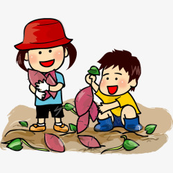 甜薯卡通男孩和女孩开心拔红薯插画P高清图片