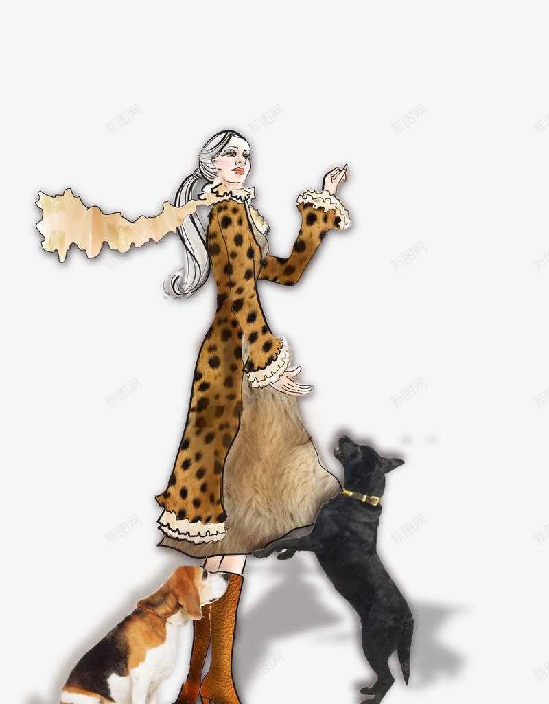 手绘美女png免抠素材_新图网 https://ixintu.com 有狗在旁边 穿着豹纹衣服的女生 美女