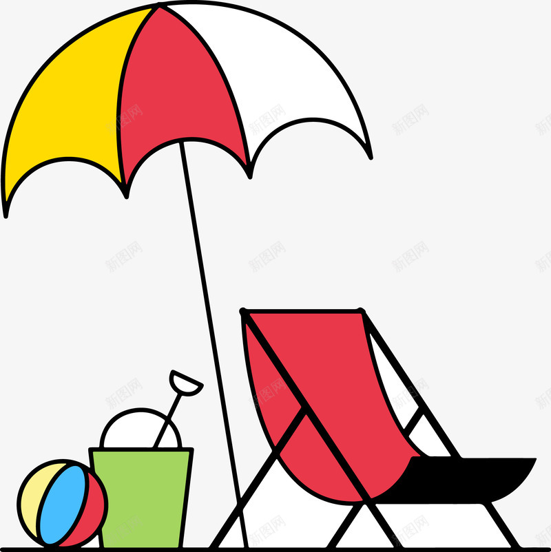 可爱夏日沙滩png免抠素材_新图网 https://ixintu.com 可爱 沙滩球 玩耍 童趣 躺椅 遮阳伞