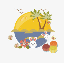 卡通中秋月兔海滩插画素材