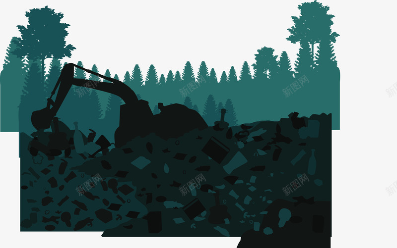 森林垃圾png免抠素材_新图网 https://ixintu.com 剪影 卡通 垃圾堆 垃圾处理 挖掘机 树林