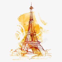 巴黎浪漫黄色铁塔水彩彩绘巴黎铁搭素高清图片