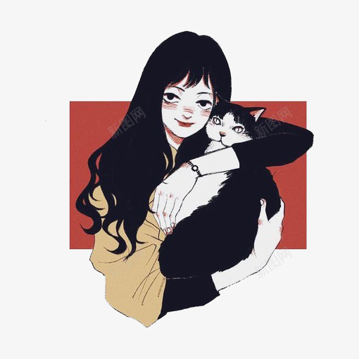 抱猫的女孩插画png免抠素材_新图网 https://ixintu.com 女孩 小动物 温馨 猫咪 红色 黄色 黑色