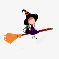 万圣节插画设计可爱的卡通小女巫坐在魔法扫帚上高清图片