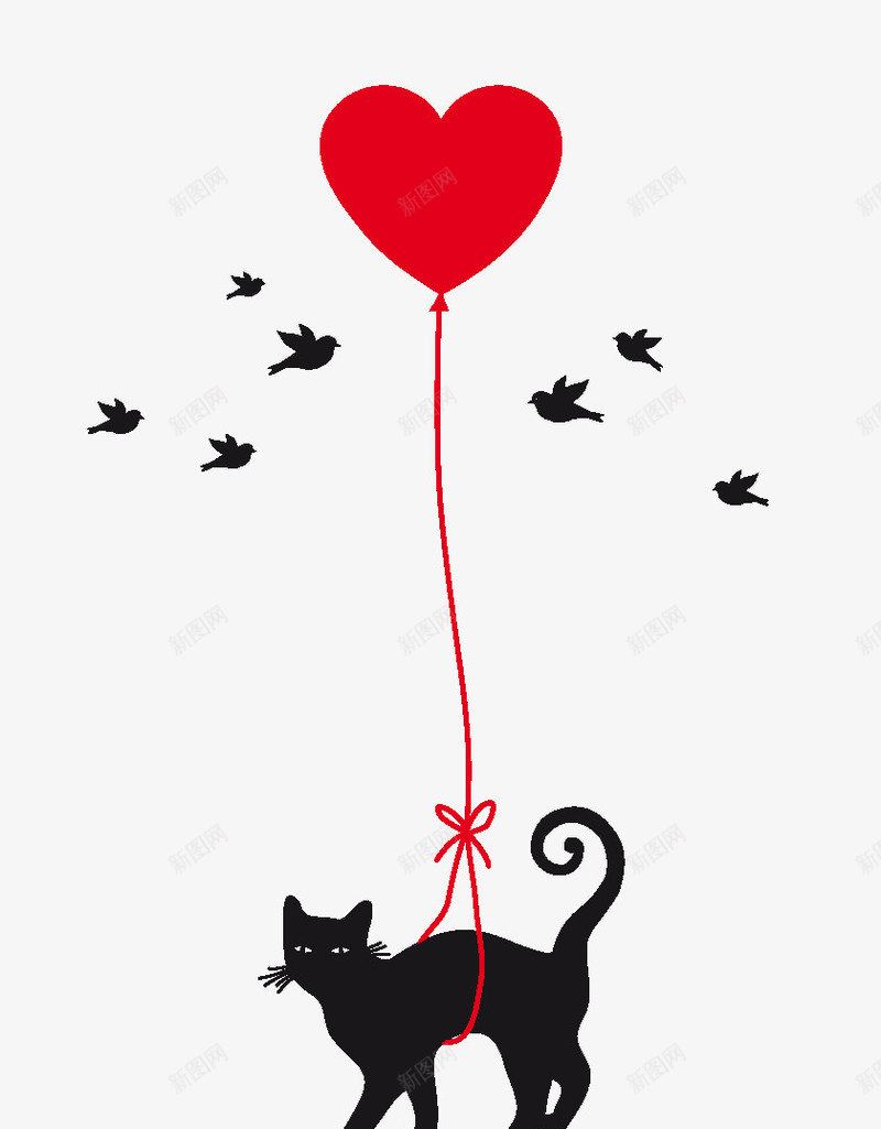 心形气球png免抠素材_新图网 https://ixintu.com 小猫 心形气球 爱心 黑猫
