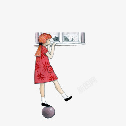 卡通踩着球看窗外小猫的女孩素材