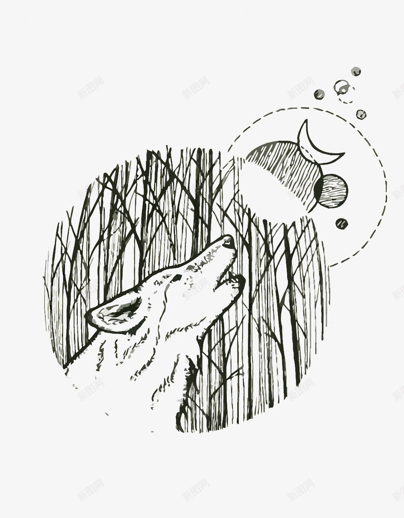狼嚎png免抠素材_新图网 https://ixintu.com 动物 嚎叫 头狼 手绘 插画 月亮 森林 狼 矢量狼 装饰