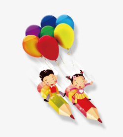 名片设计与飞行气球卡通骑在铅笔上的孩子插画高清图片