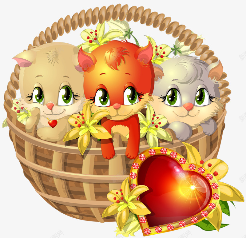 篮子装着三只小猫png免抠素材_新图网 https://ixintu.com 可爱的猫 小猫 篮子 红猫
