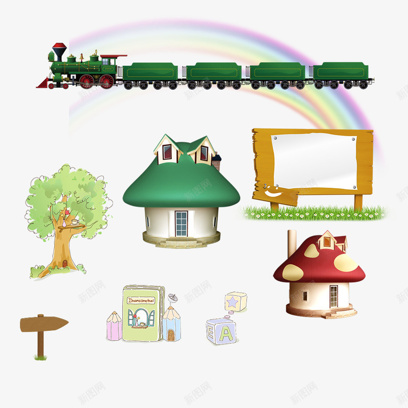 火车和彩虹png免抠素材_新图网 https://ixintu.com Q版小火车 卡通 彩虹 木牌 标示 绿皮火车 蘑菇房子