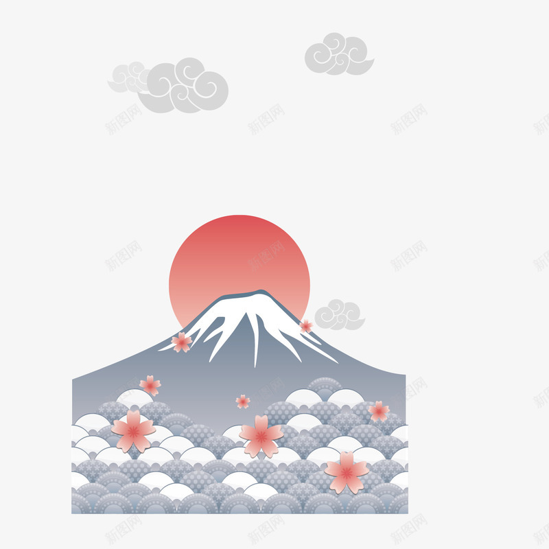 扁平日本富士山矢量图eps免抠素材_新图网 https://ixintu.com 云朵 富士山 扁平 日出 日本 樱花 波纹 矢量图 祥云 美丽的富士山