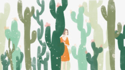 森林里的植物卡通手绘仙人掌森林里的女孩高清图片