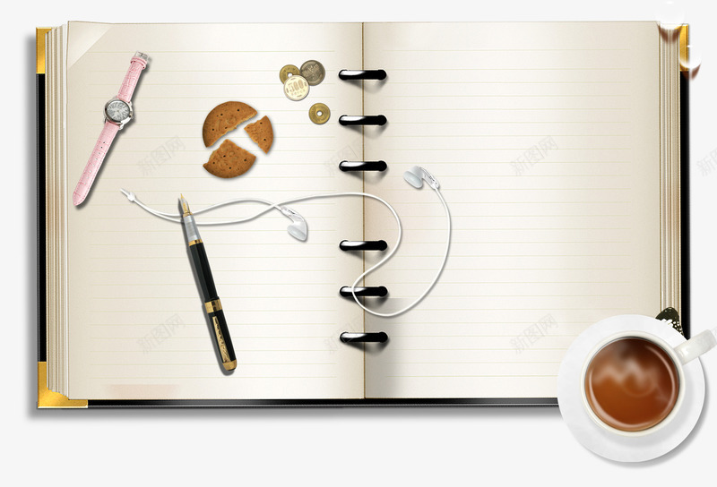 圈装笔记本psd免抠素材_新图网 https://ixintu.com 咖啡 手表 硬币 笔记本 耳机 钢笔 饼干