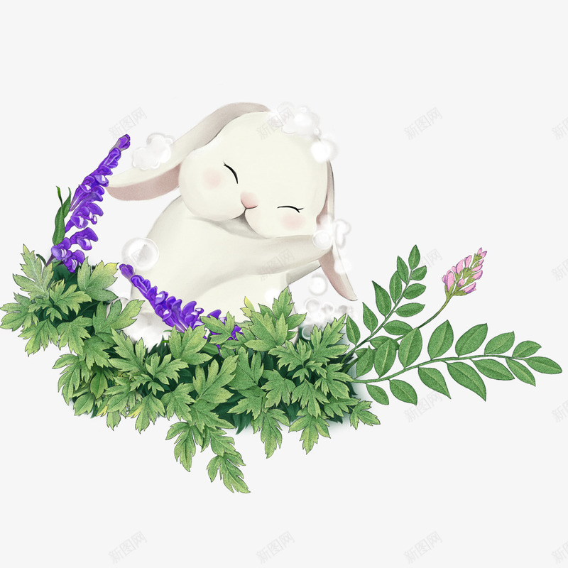 艾草和兔子插画psd免抠素材_新图网 https://ixintu.com 兔子 动物设计 可爱 复活节 植物装饰 睡觉的小兔子 艾草 节日
