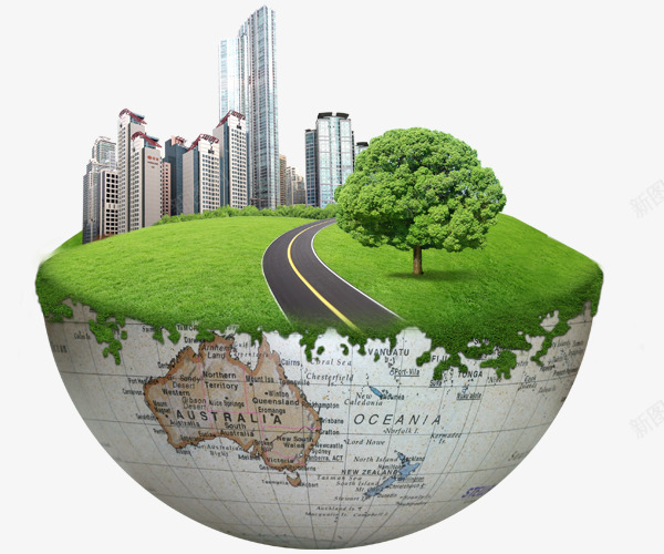 创意科技元素png免抠素材_新图网 https://ixintu.com 公路 创意科技 地球 建筑 树木 科技 绿草地 青色