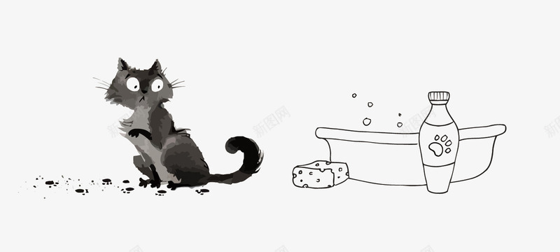 小脏猫要洗澡png免抠素材_新图网 https://ixintu.com 宠物 水墨 水墨画猫 洗澡 猫咪 猫洗澡 脏