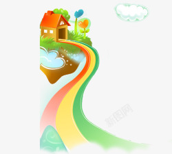 彩虹的路彩色手绘卡通房子道路高清图片