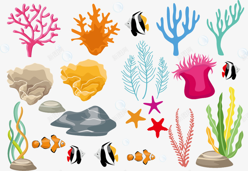海洋元素png免抠素材_新图网 https://ixintu.com 卡通 彩色 手绘 插图插画 水藻 海星 海洋元素 珊瑚 背景素材 鱼
