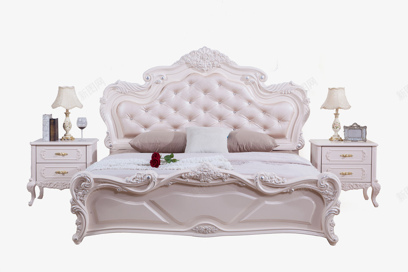 3D模型png免抠素材_新图网 https://ixintu.com 卧室 卧室ai 双人床 家具 床头柜 欧式 正面 象牙白 雕花