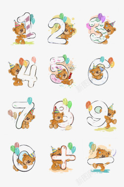 手绘水彩数字23小熊数字高清图片