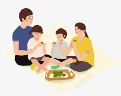 吃东西的家人手绘人物插图一家人坐在草坪野餐高清图片