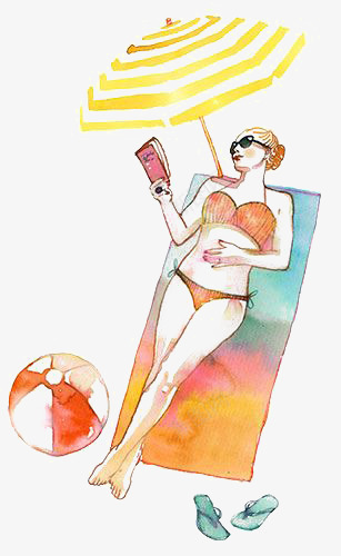 沙滩上的女人png免抠素材_新图网 https://ixintu.com 卡通 手绘 插画 水彩 沙滩上的女人 泳衣 看书 躺椅 遮阳伞