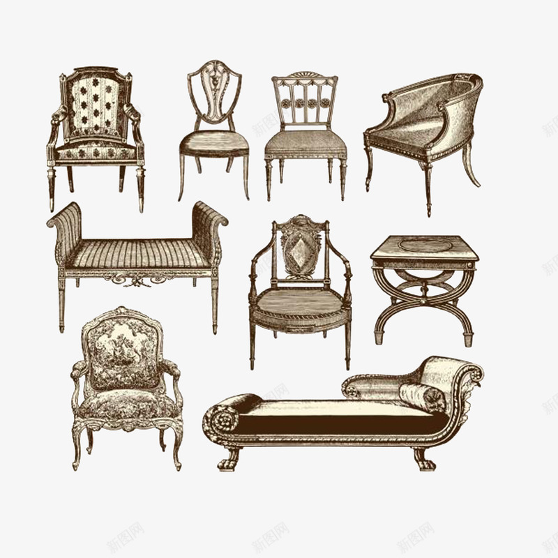 棕色手绘家具png免抠素材_新图网 https://ixintu.com 各式椅子 家具简笔 棕色手绘家具 沙发 躺椅