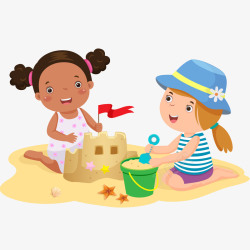 两个小女孩堆沙堡插画矢量图素材