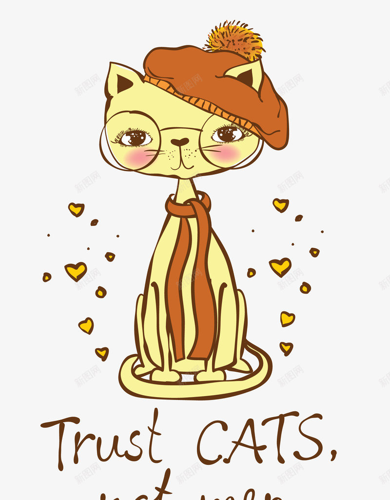 卡通手绘可爱的小猫咪png免抠素材_新图网 https://ixintu.com 卡通手绘 可爱的 小猫咪 帽子 爱心 眼睛 黄色