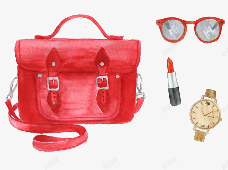 手绘装饰png免抠素材_新图网 https://ixintu.com 包 包包 单肩包 卡通 口红 女式 彩绘 手提包 手提袋 手绘 手表 水彩 眼镜