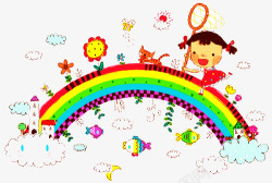 手绘彩虹上的小孩素材