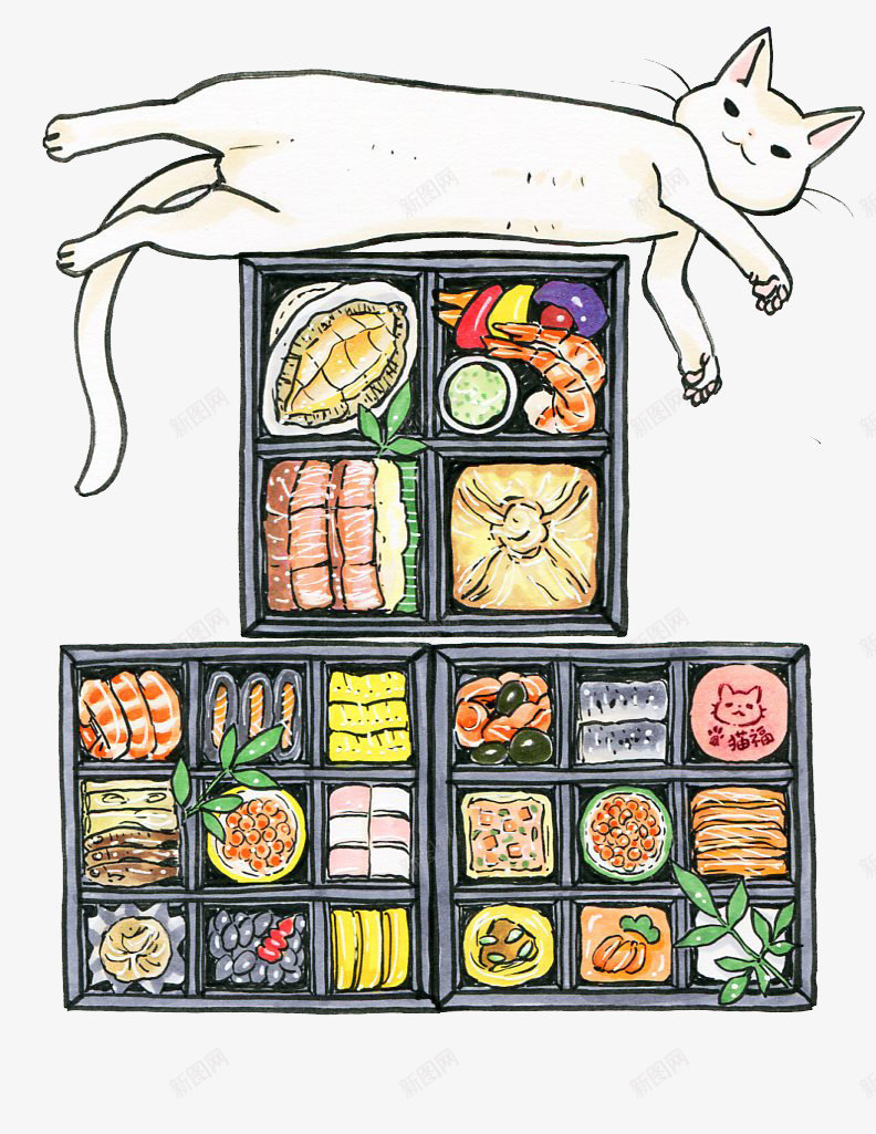 卡通手绘猫咪美食png免抠素材_新图网 https://ixintu.com 卡通 吃货 大餐 手绘 插画 美食 食物 餐饮