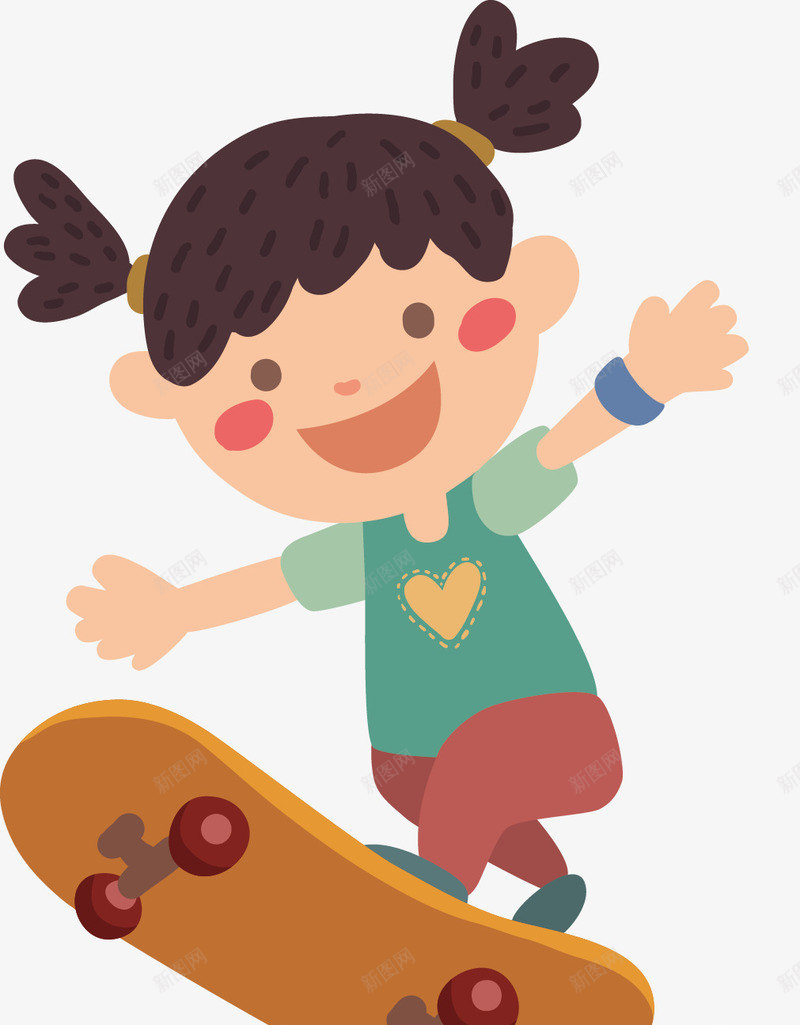 儿童 卡通人物 城市 孩子 巧克力女孩 手绘 插图 溜冰 滑板 滑板女孩