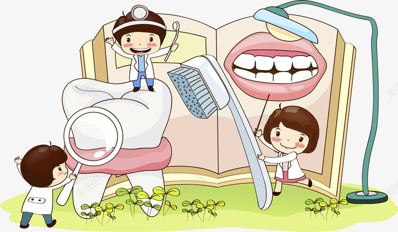 水彩牙齿png免抠素材_新图网 https://ixintu.com 刷牙 卡通 女孩 手绘 水彩 牙医 牙齿 绿色 草地